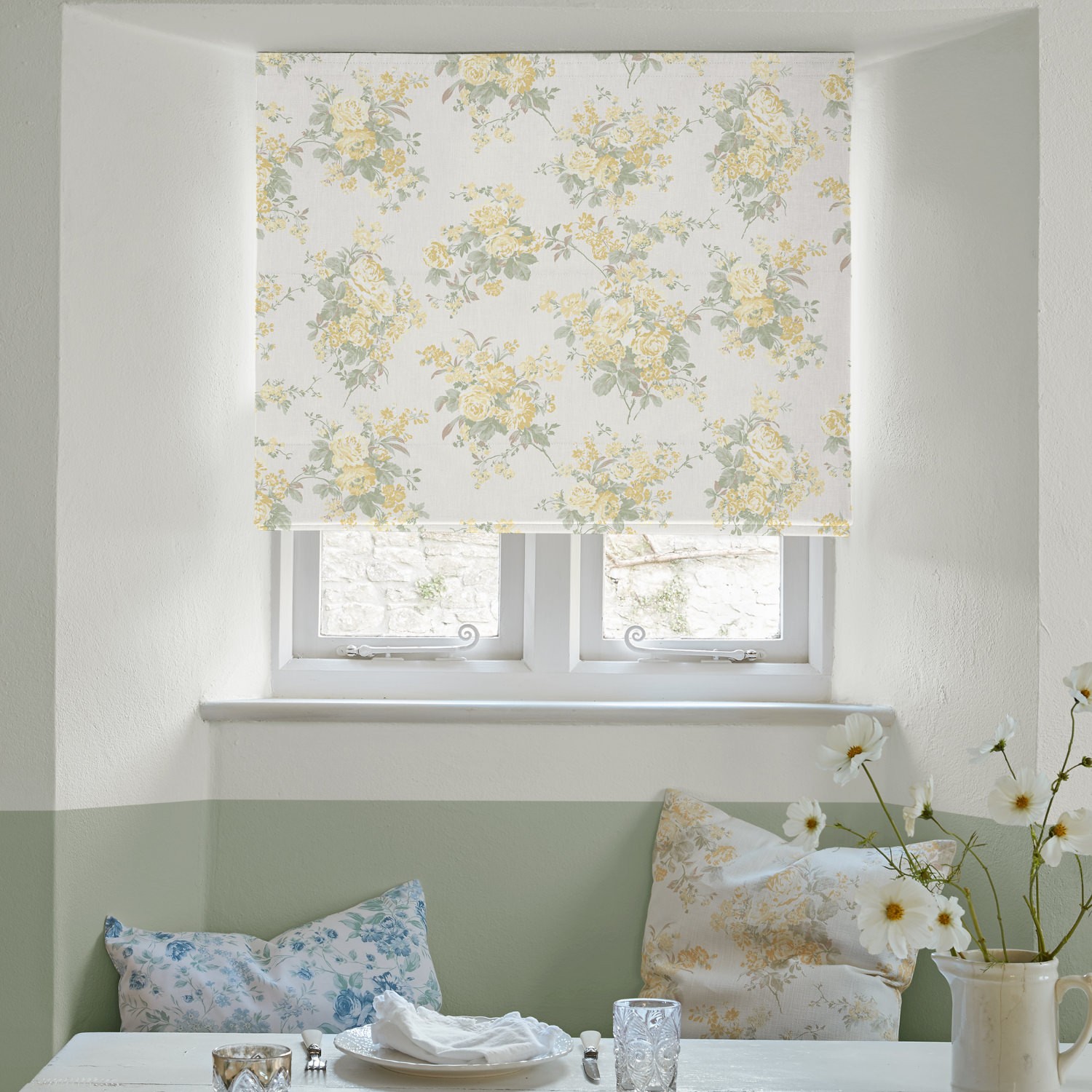 rose chintz yellow floral roman blind