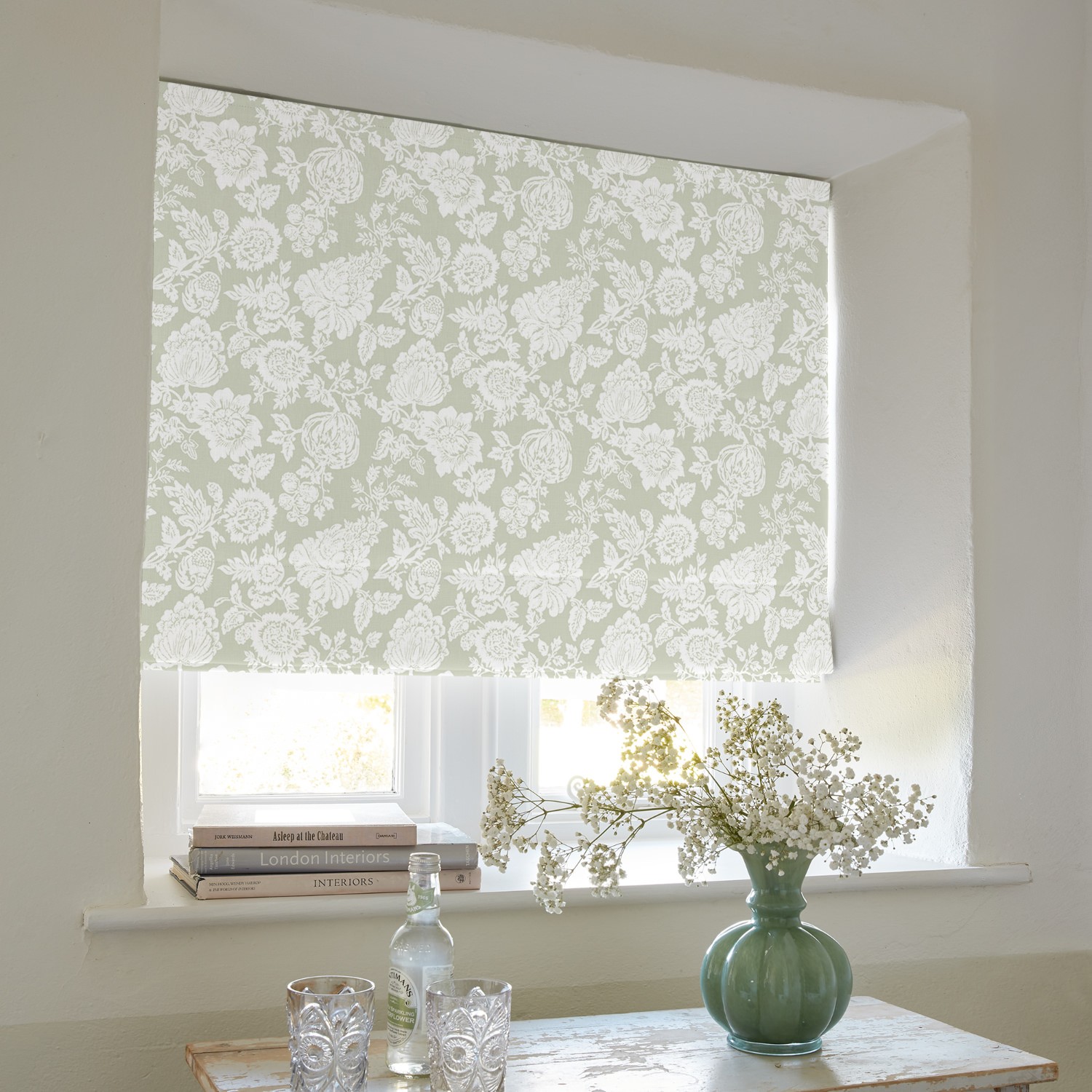 stipple sage floral roman blind