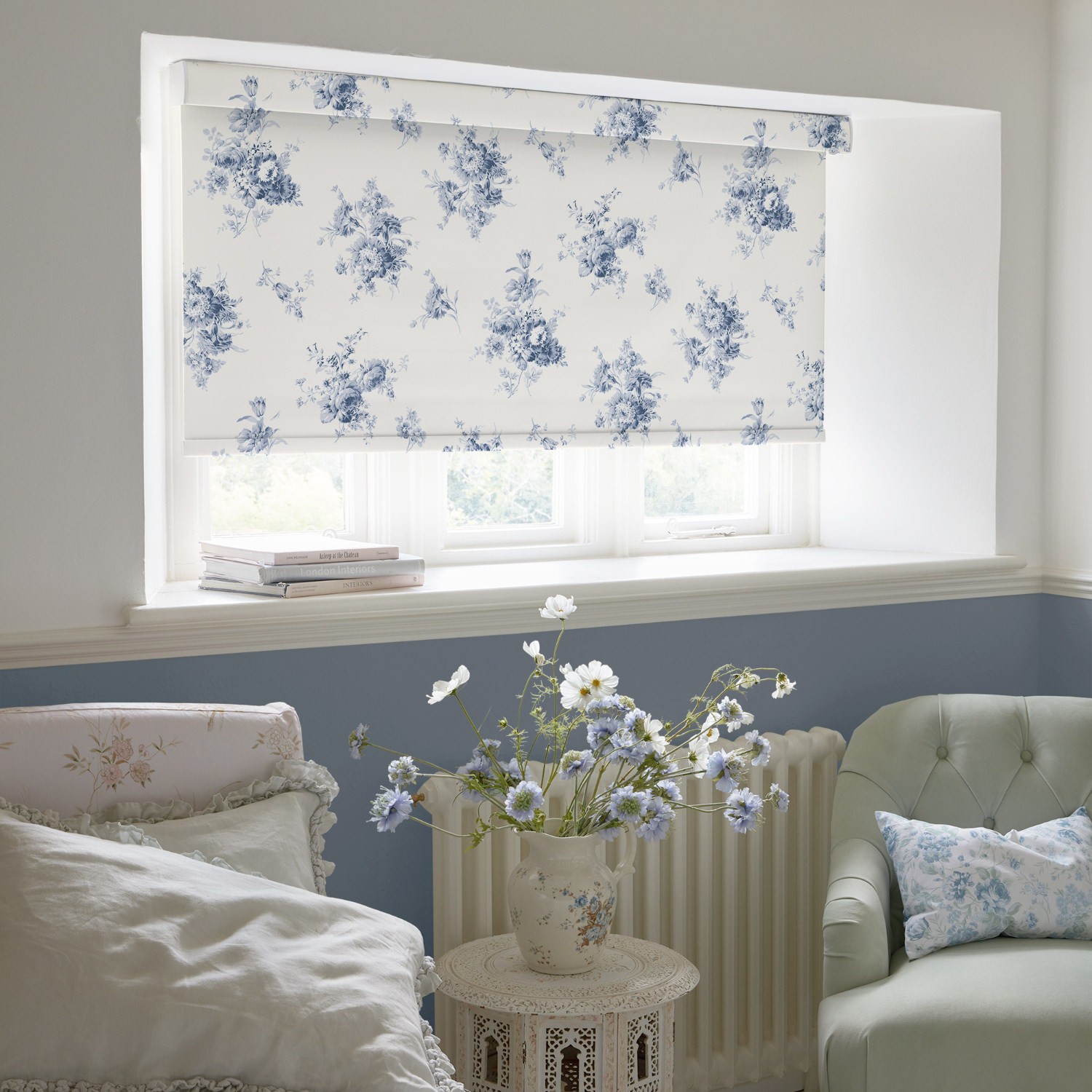 sunbleached floral china blue soft touch blackout roller blind