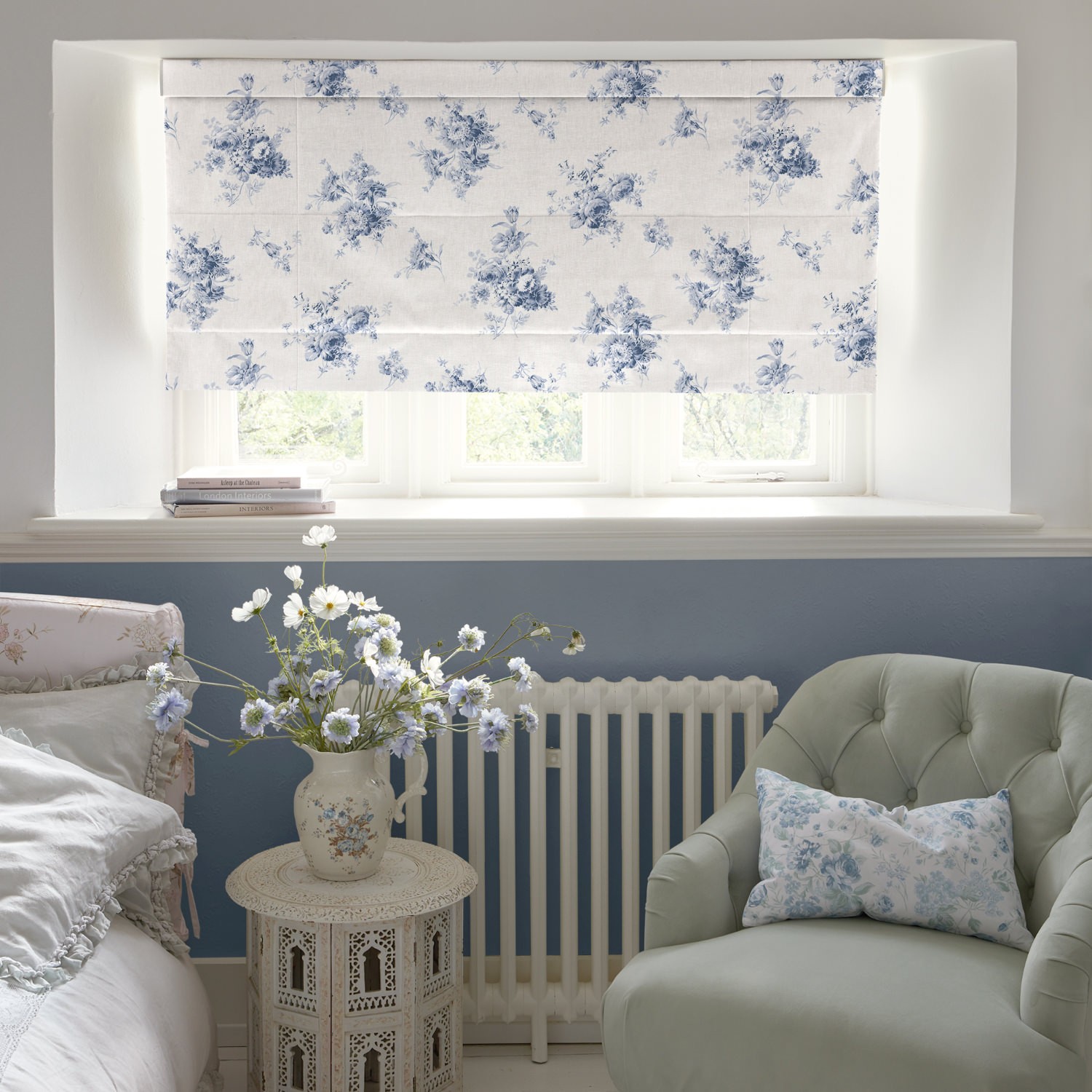 sunbleached floral china blue floral roman blind