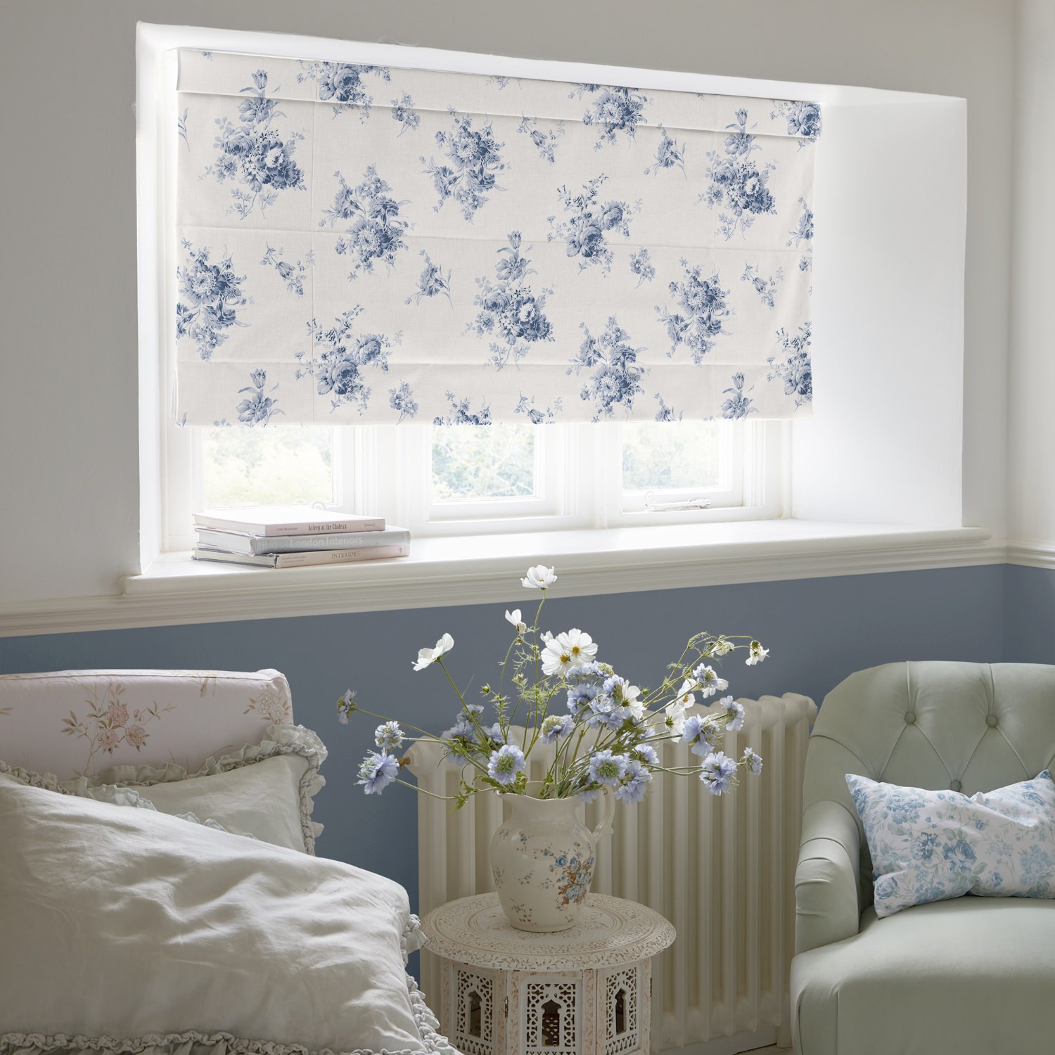 sunbleached floral china blue floral roman blind