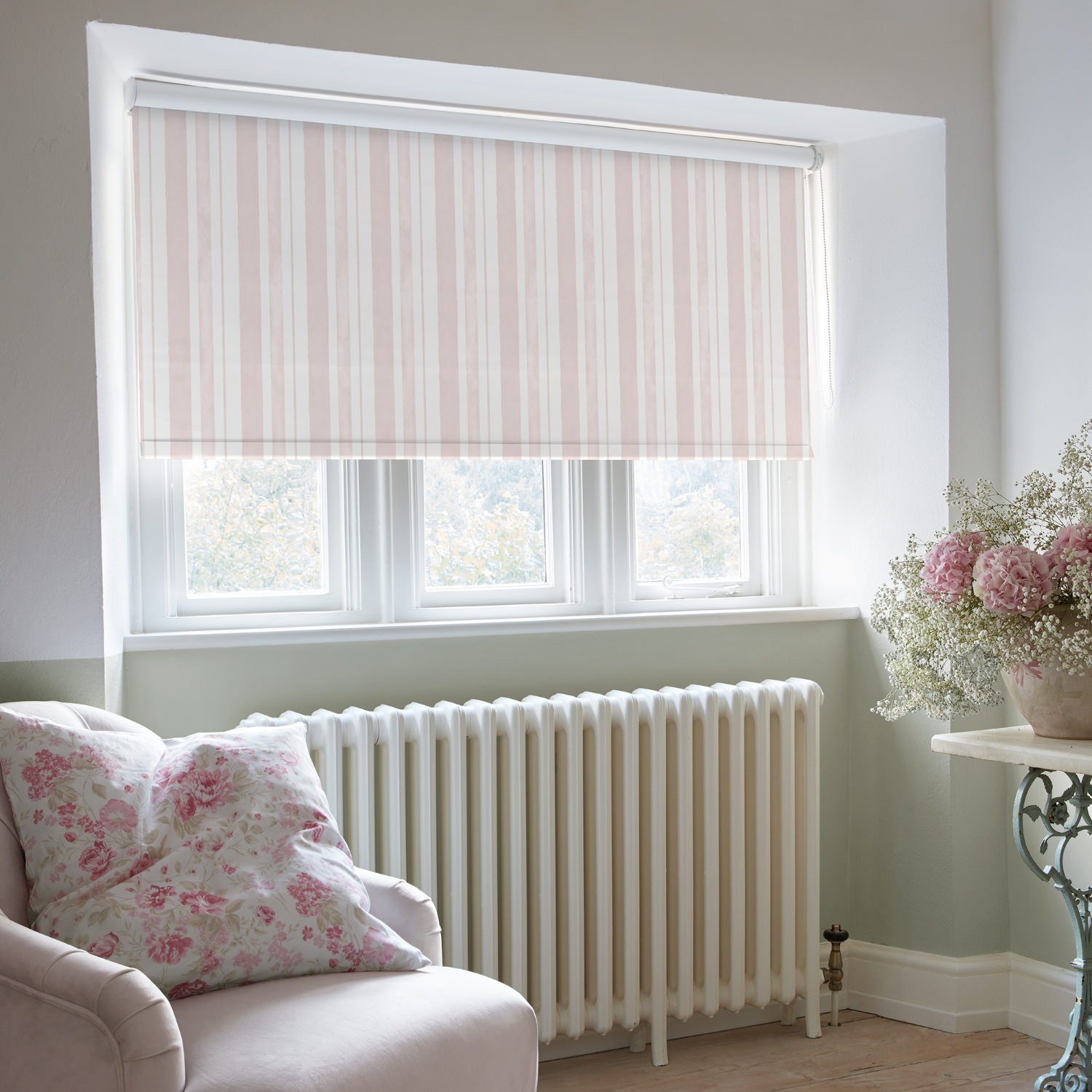 watercolour stripe blush soft touch blackout roller blind