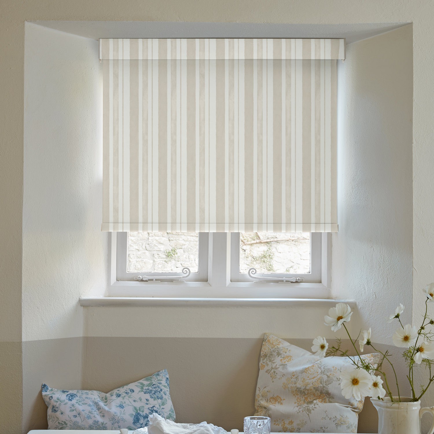 watercolour stripe natural soft touch blackout roller blind