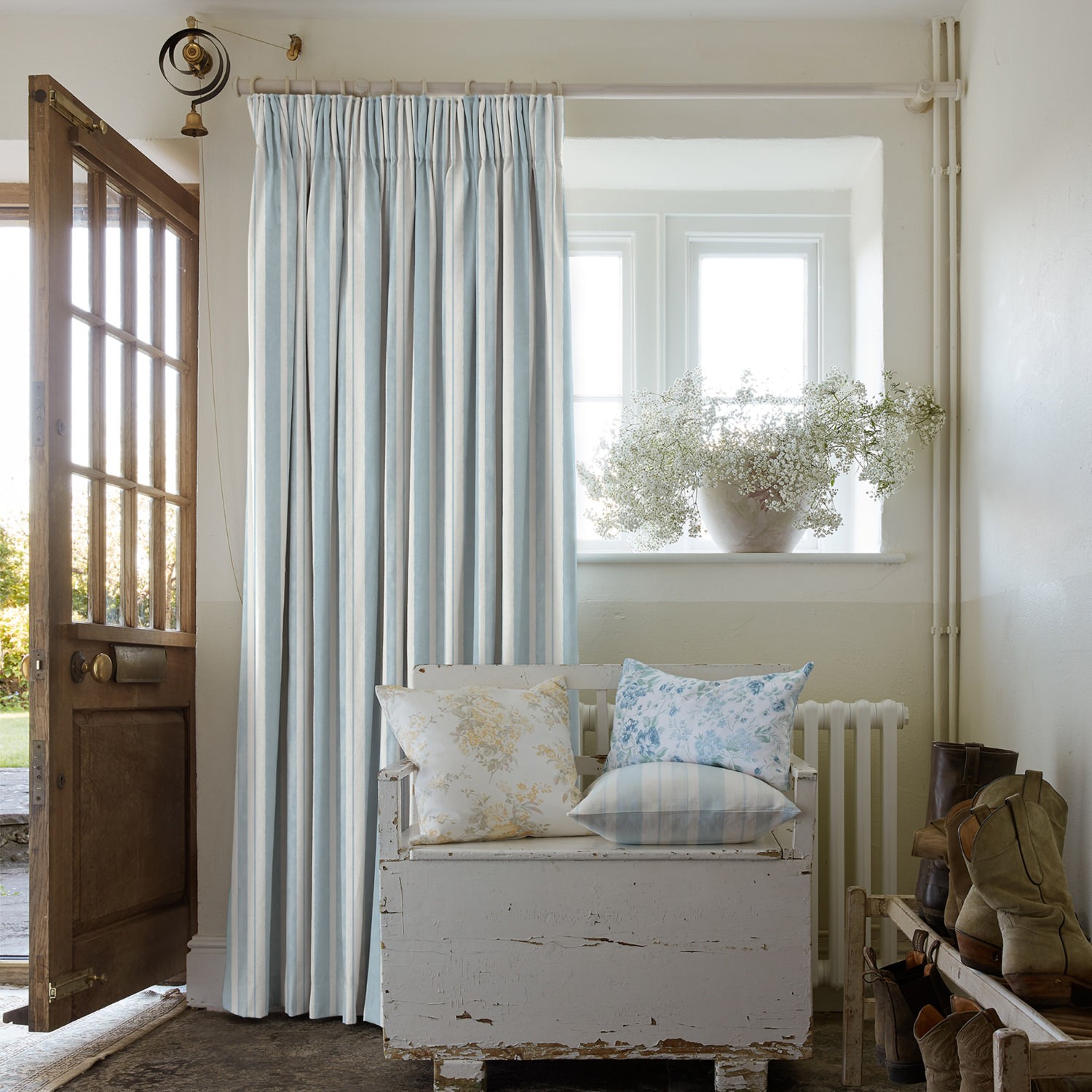 watercolour stripe pale blue stripe curtains