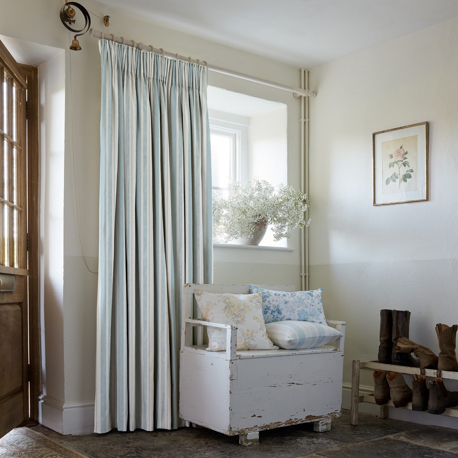 watercolour stripe pale blue stripe curtains