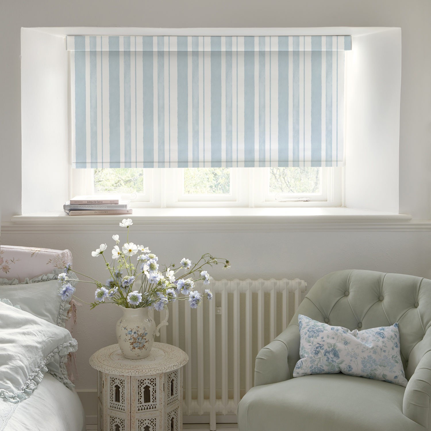 watercolour stripe pale blue soft touch blackout roller blind