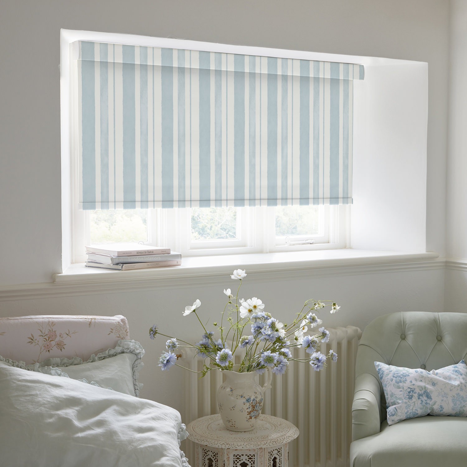 watercolour stripe pale blue soft touch blackout roller blind
