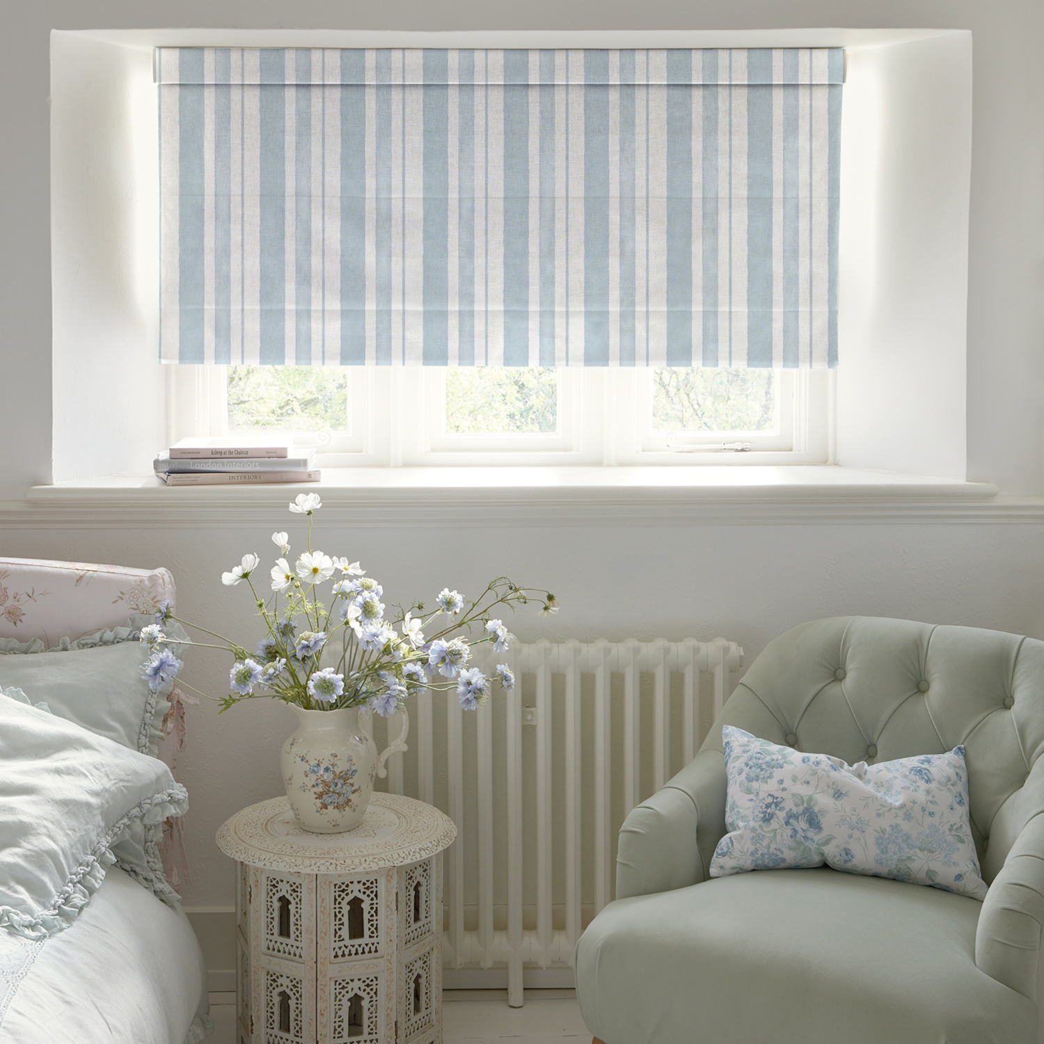watercolour stripe pale blue stripe roman blind