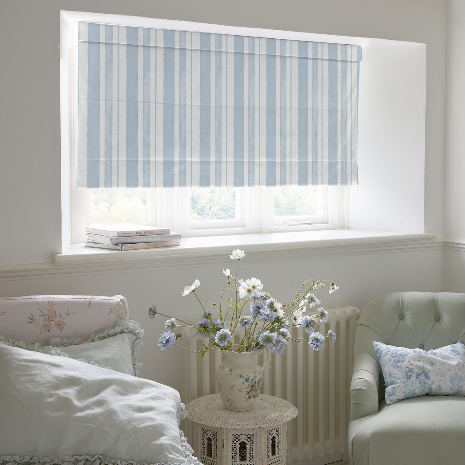 watercolour stripe pale blue stripe roman blind