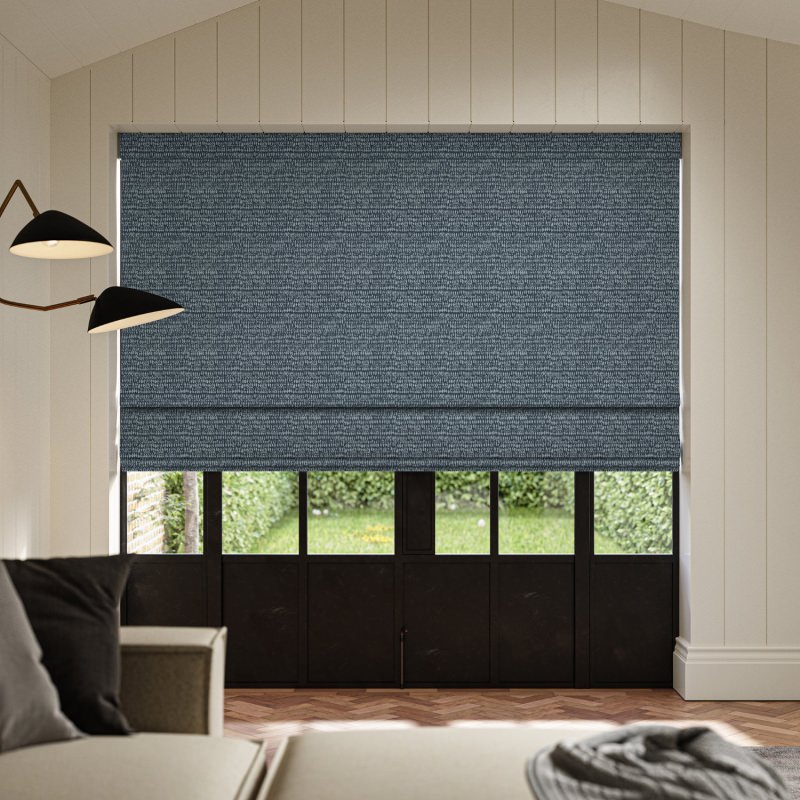 Abelia Danube Jacquard Roman Blind with a rich, flowing botanical pattern in a calming blue
