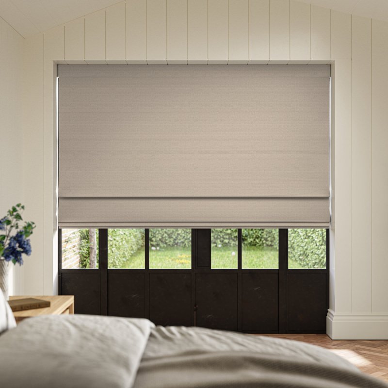 Abelia Flax Jacquard Roman Blind showcasing a rustic and intricate weave in a natural flax hue