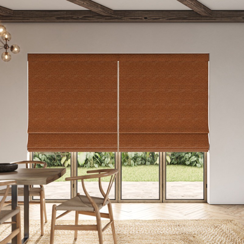 Abelia Henna Jacquard Roman Blind in a warm, spicy red with a luxurious woven pattern