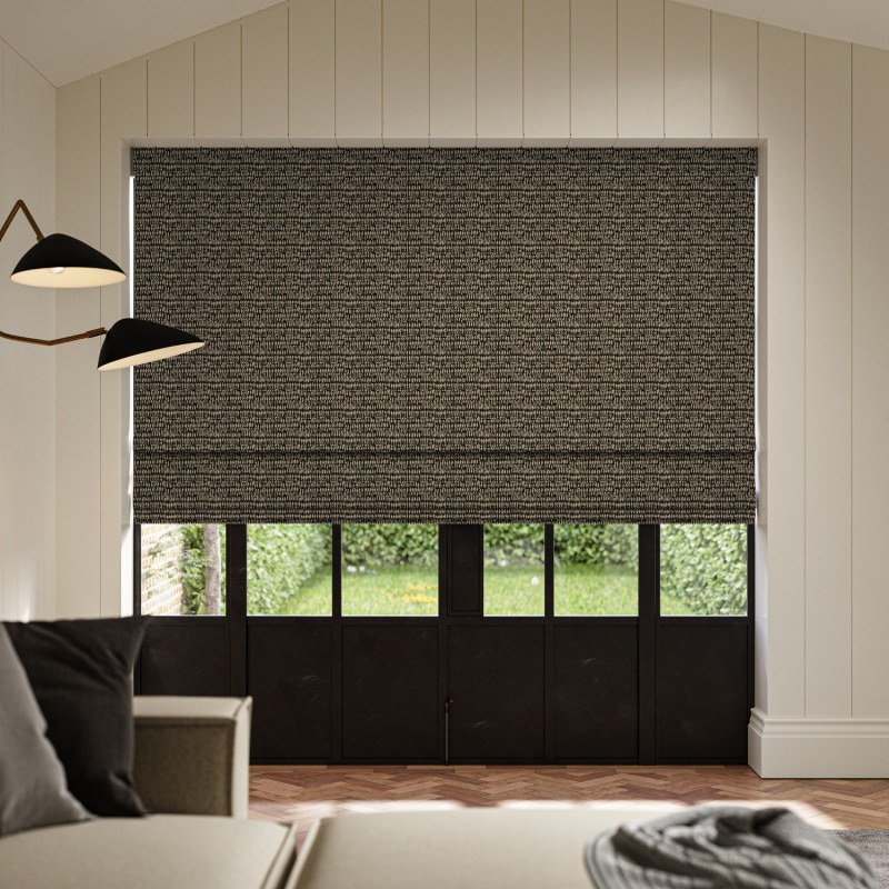 Abelia Noir Jacquard Roman Blind, a dramatic black fabric with a stunning, intricate weave