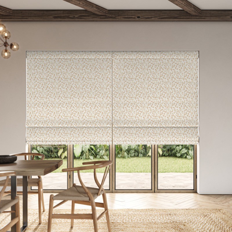 Aideen Ginger Printed Roman Blind showcasing the detailed ginger-toned printed pattern on its flat fabric panel