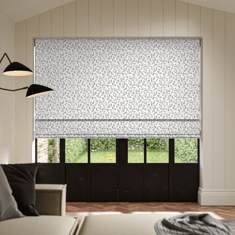 Aideen Raven Printed Roman Blind with its dramatic and sophisticated dark printed design on a tailored blind