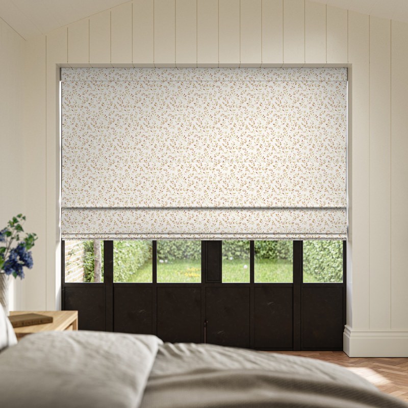 Aideen Sienna Printed Roman Blind in an earthy, rustic print, showing its clean, flat finish