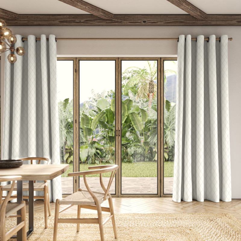 Allen Ivory Embroidery Curtain featuring delicate, elegant stitched detailing on an ivory fabric.