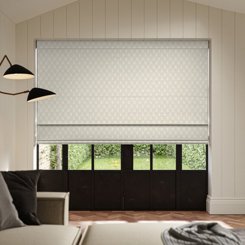 Allen Smoke Embroidery Roman Blind with sophisticated embroidery on a smoky grey fabric