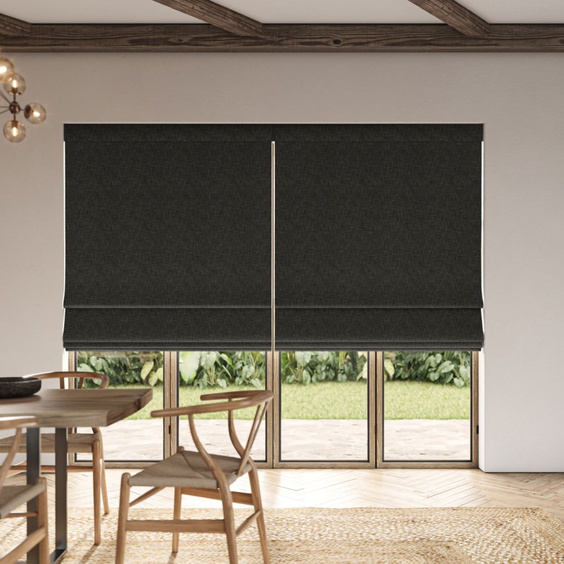 Anua Charcoal Plain Roman Blind in a deep, contemporary charcoal grey with a clean, folded stack