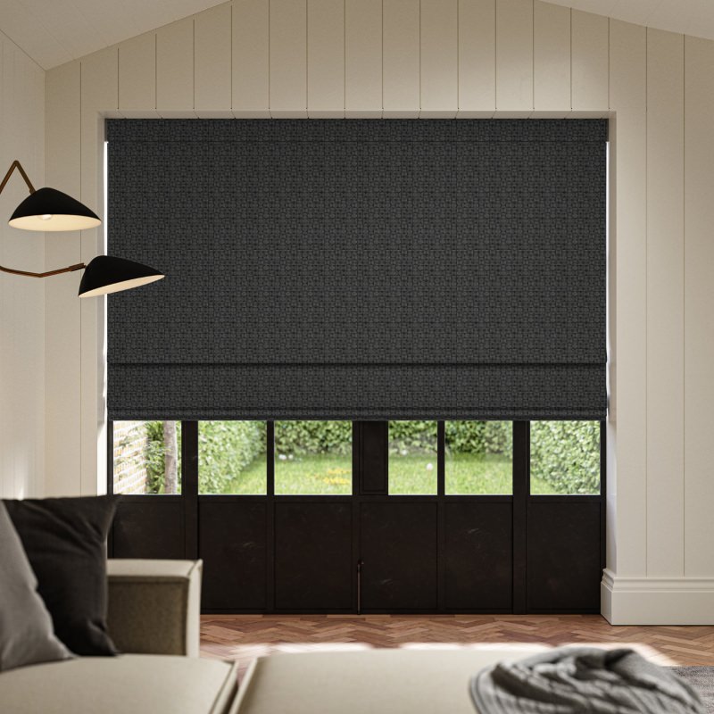 Ashbourne Ink Jacquard Roman Blind in a deep inky blue-black with a stunning, textural weave