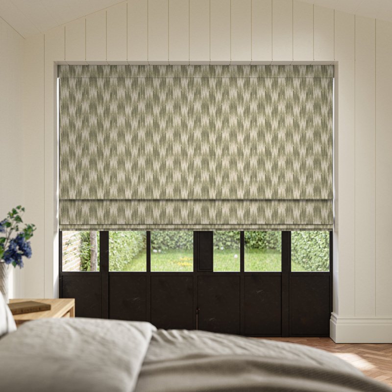 Berlanti Moss Jacquard Roman Blind in a deep, earthy green with a lustrous, nature-inspired jacquard weave