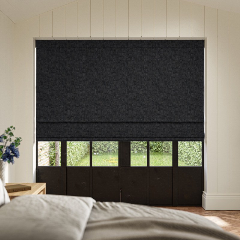 Cains Ink Jacquard Roman Blind in a deep inky blue-black with a bold, graphic woven pattern