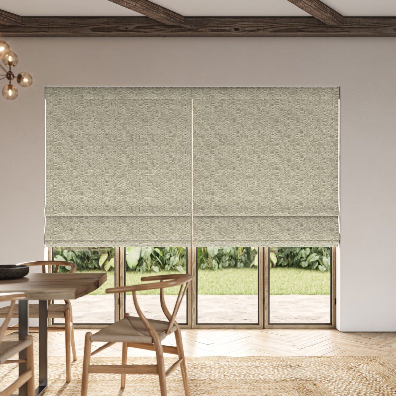Cains Spruce Jacquard Roman Blind in a deep evergreen hue with a strong, textural weave