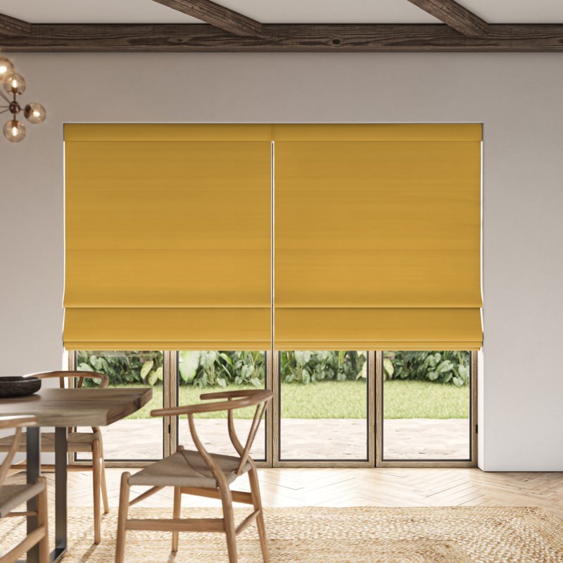 Cassandra Buttercup Velvet Roman Blind made from a plush and luxurious bright yellow velvet