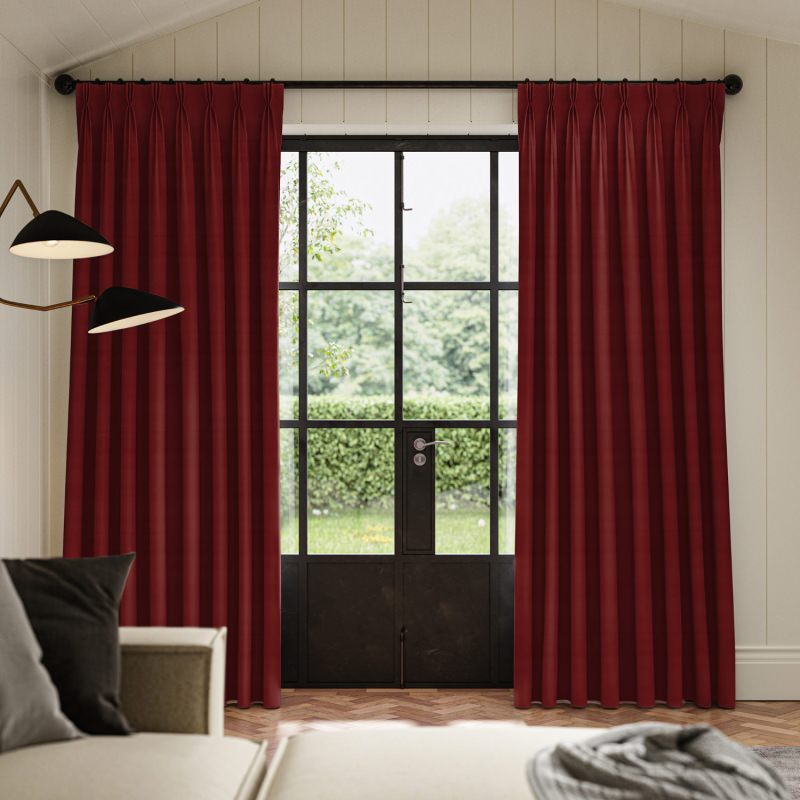 Cassandra Crimson Velvet Curtain in a deep, rich crimson, made from a sumptuously soft velvet.