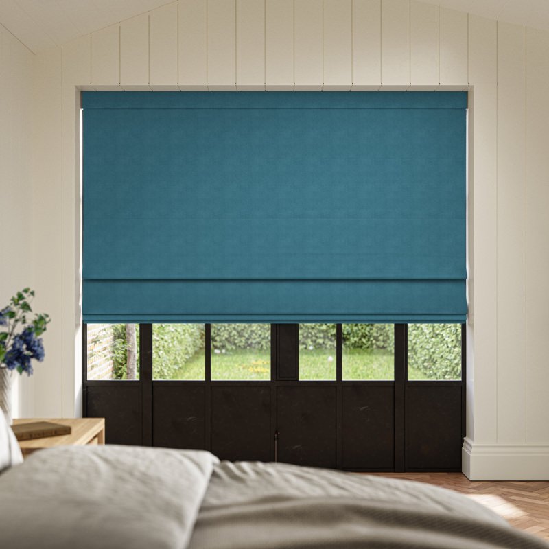 Cassandra Danube Velvet Roman Blind in a calming blue, made from a beautiful, soft velvet fabric