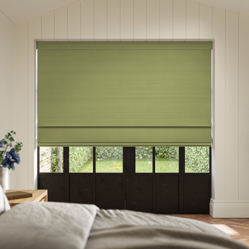 Cassandra Grass Velvet Roman Blind in a fresh, vibrant green made from a wonderfully soft, plush velvet