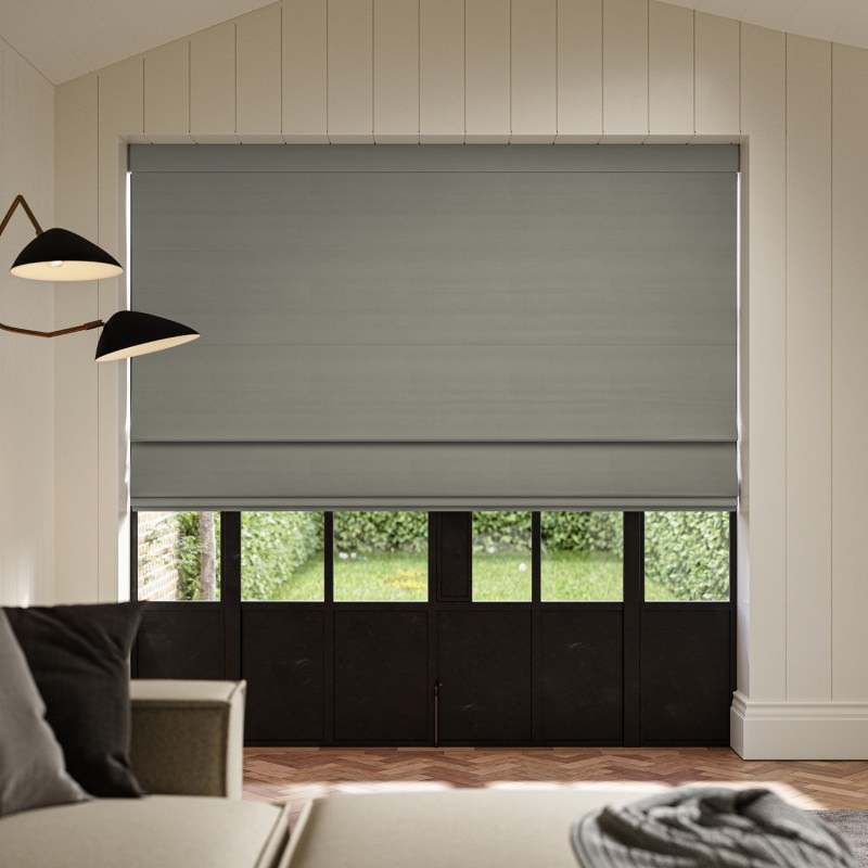 Cassandra Smoke Velvet Roman Blind, a deep, sophisticated charcoal grey in a soft, light-catching velvet