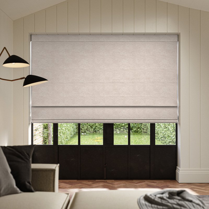 Daria Shell Printed Roman Blind with a charming, subtle pattern in a delicate, shell-pink hue