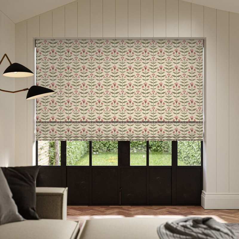 Ellianna Cherry Printed Roman Blind with a charming floral design featuring pops of cheerful cherry red