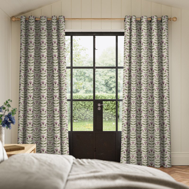 Ellianna Heather Printed Curtain with a delicate botanical pattern in soft, dusty purple tones.