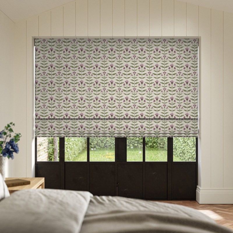 Ellianna Heather Printed Roman Blind with a delicate botanical pattern in soft, dusty purple tones