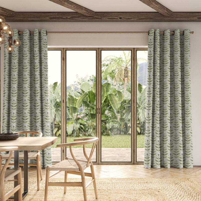 Ellianna Laurel Printed Curtain with a fresh and calming leafy green botanical design.