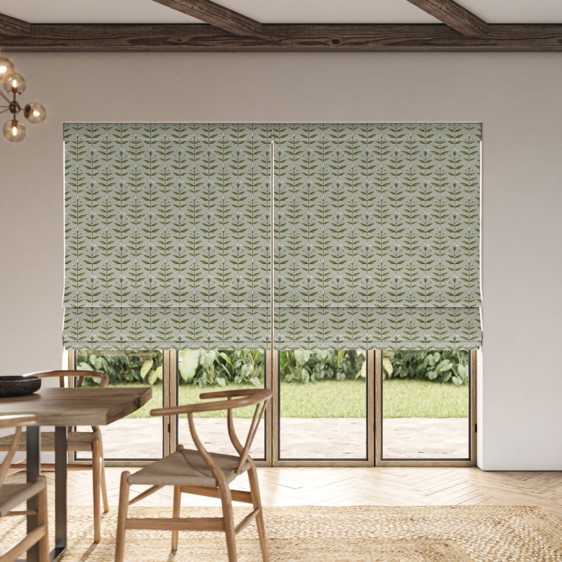 Ellianna Laurel Printed Roman Blind with a fresh and calming leafy green botanical design