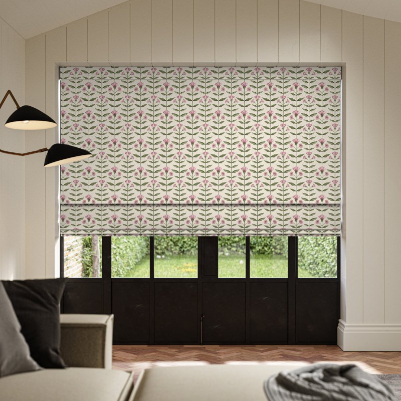 Ellianna Petal Printed Roman Blind with a charming floral print in delicate, soft pink hues