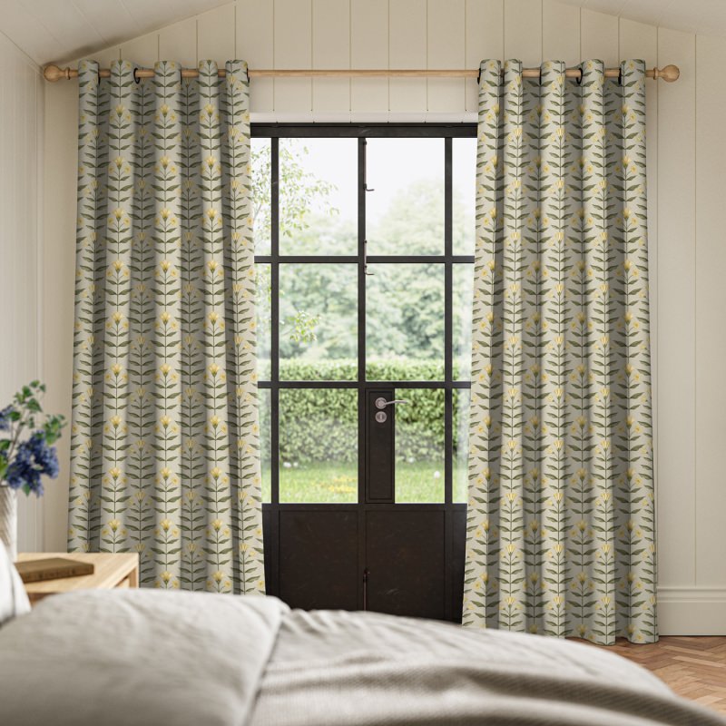 Ellianna Sand Printed Curtain with a subtle botanical pattern on a warm, sandy neutral fabric.