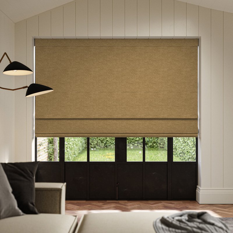 Emmy Maize Plain Roman Blind in a soft, buttery yellow, with a neat and tidy fold