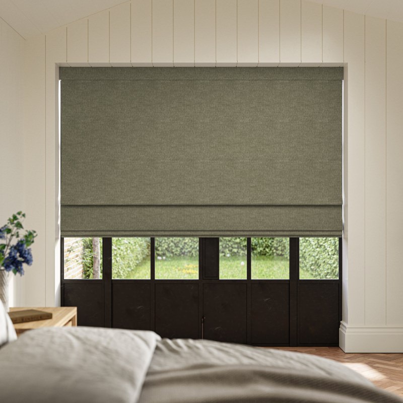 Emmy Moss Plain Roman Blind, a deep and earthy green fabric creating a rich, grounding look