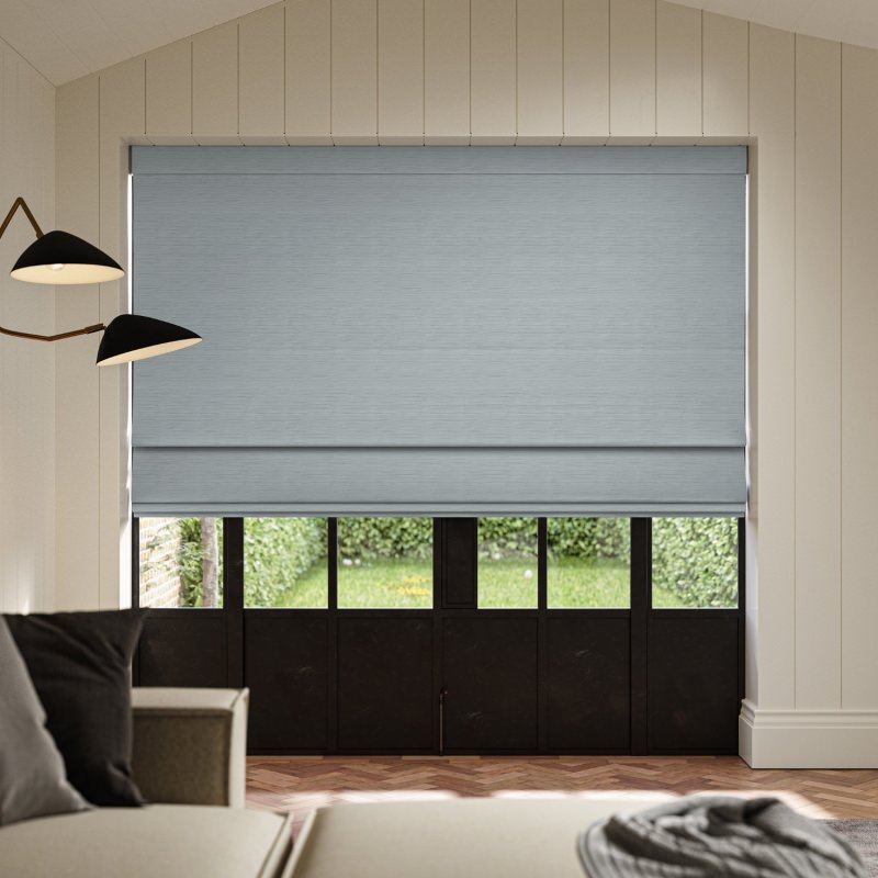Ernest Alpine Plain Roman Blind in a calm and refreshing soft green fabric, showing its clean lines