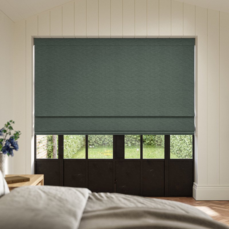 Ernest Jade Plain Roman Blind showcasing a rich, jewel-toned jade green plain fabric