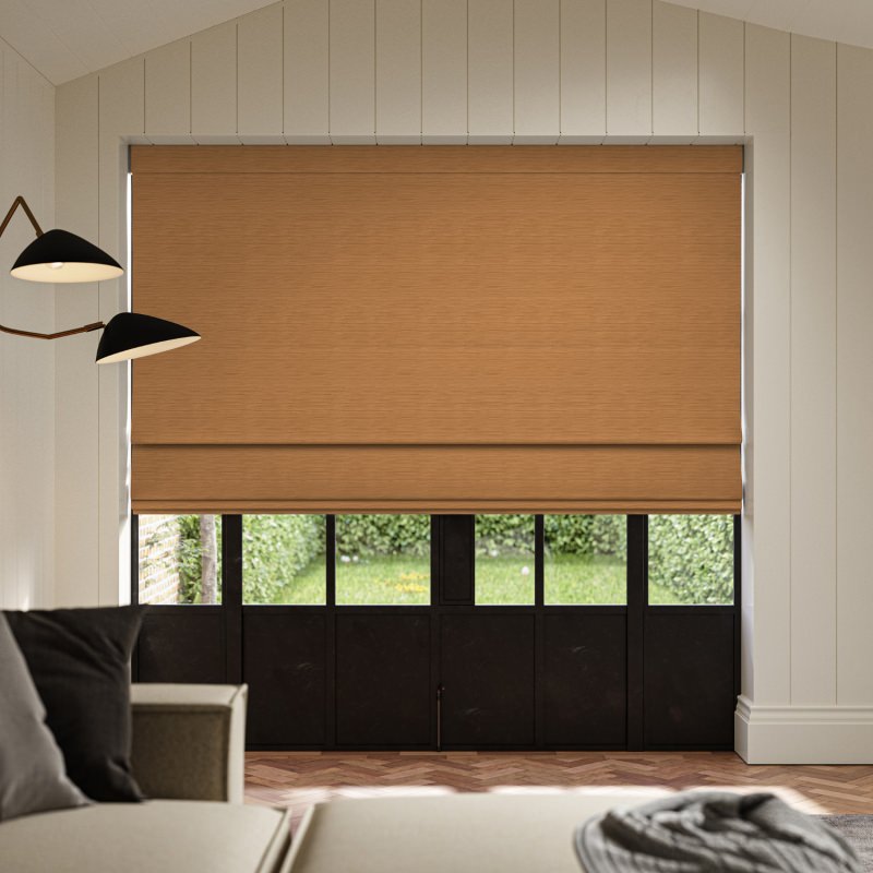 Ernest Ochre Plain Roman Blind in a warm, earthy, and golden yellow plain fabric