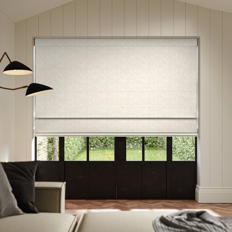 Floyd Dove Embroidered Roman Blind in a soft, dove grey with a clean, contemporary stitched pattern