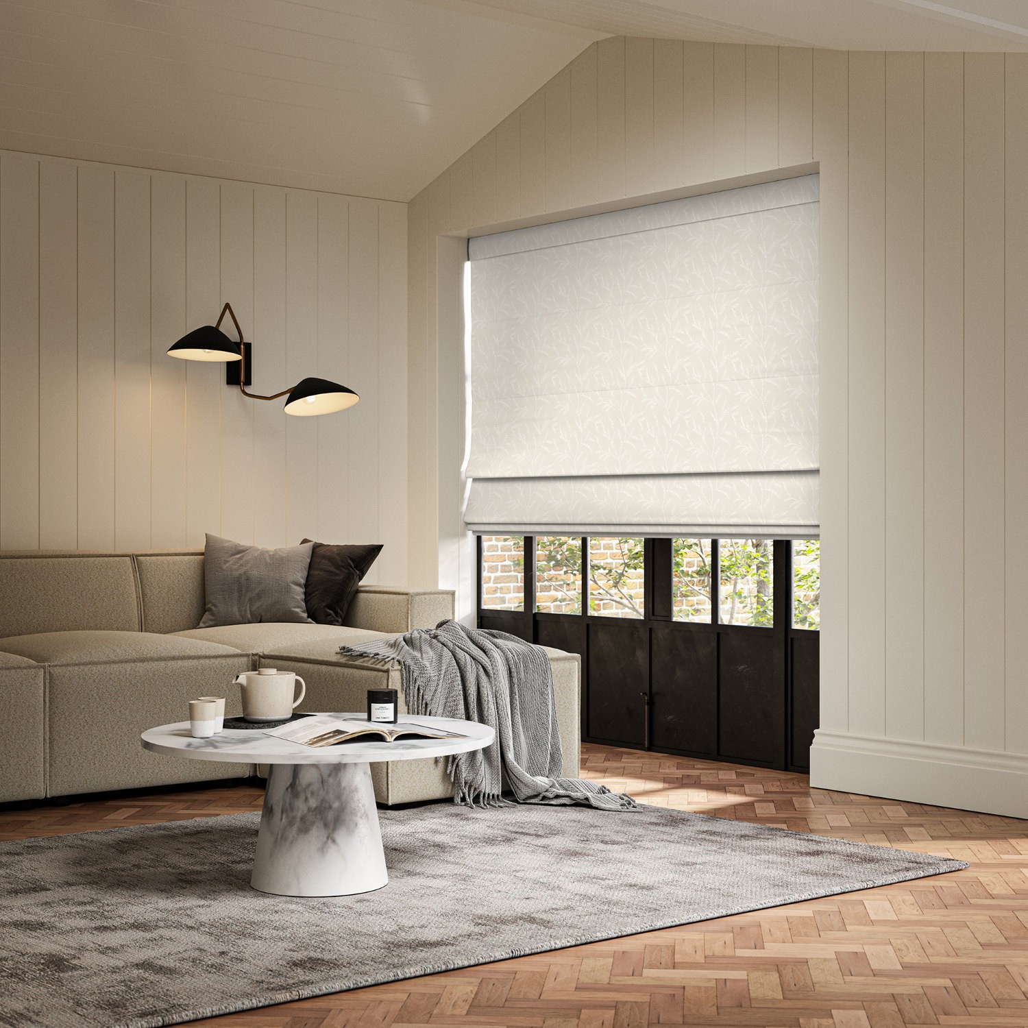 floyd dove embroidered roman blind