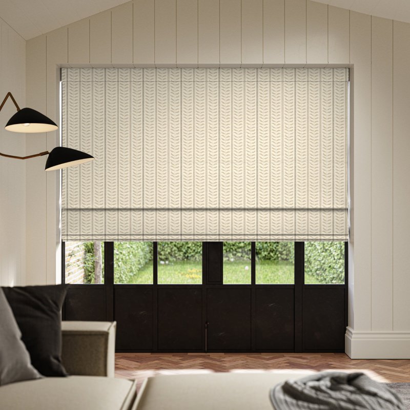 Huda Jute Printed Roman Blind with a bold, tribal-inspired pattern on a natural, jute-effect background