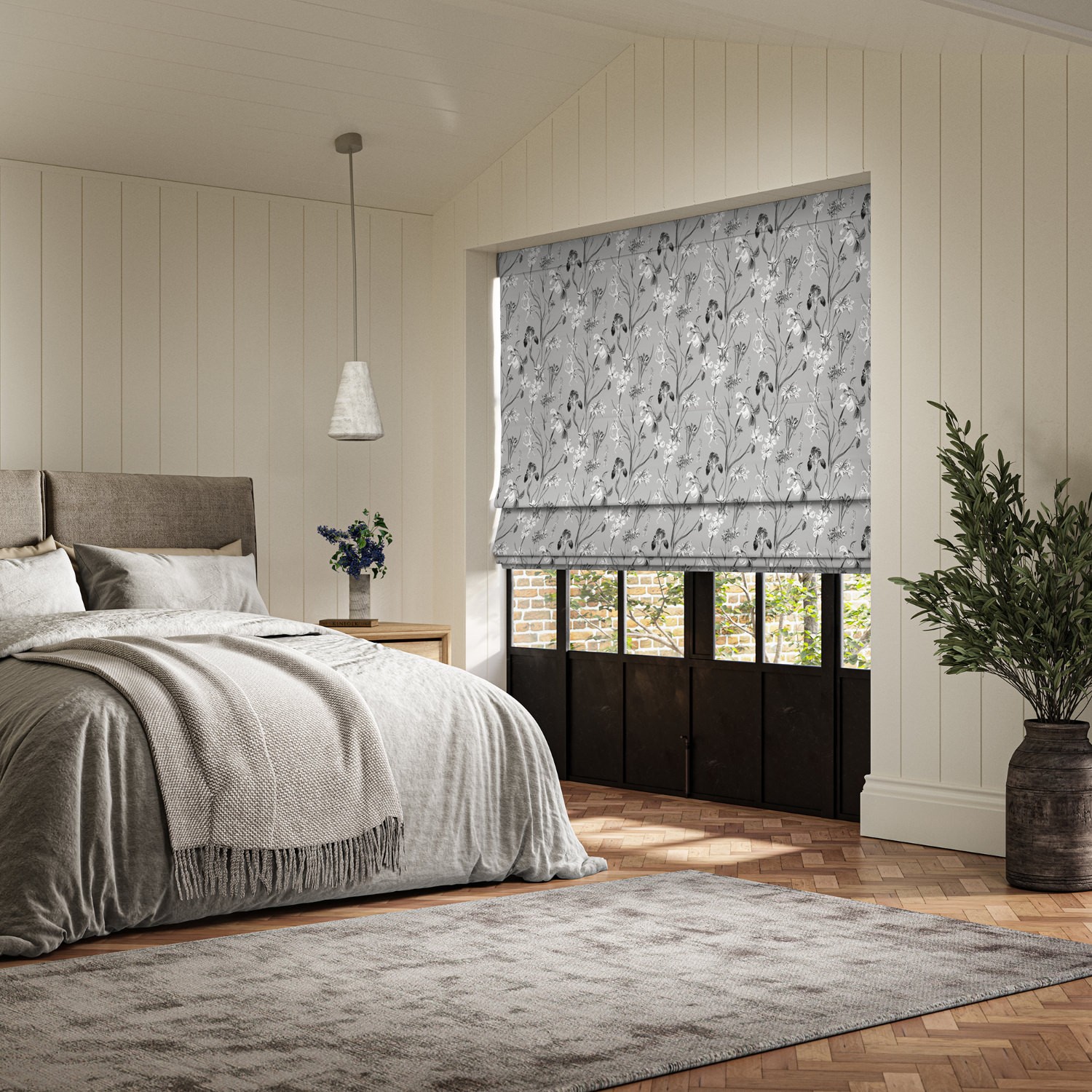 iris charcoal printed roman blind