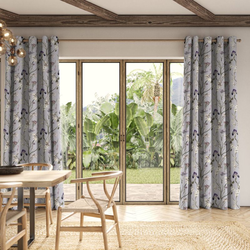 Iris Lavender Printed Curtain with a beautiful floral design in gentle, calming lavender hues.